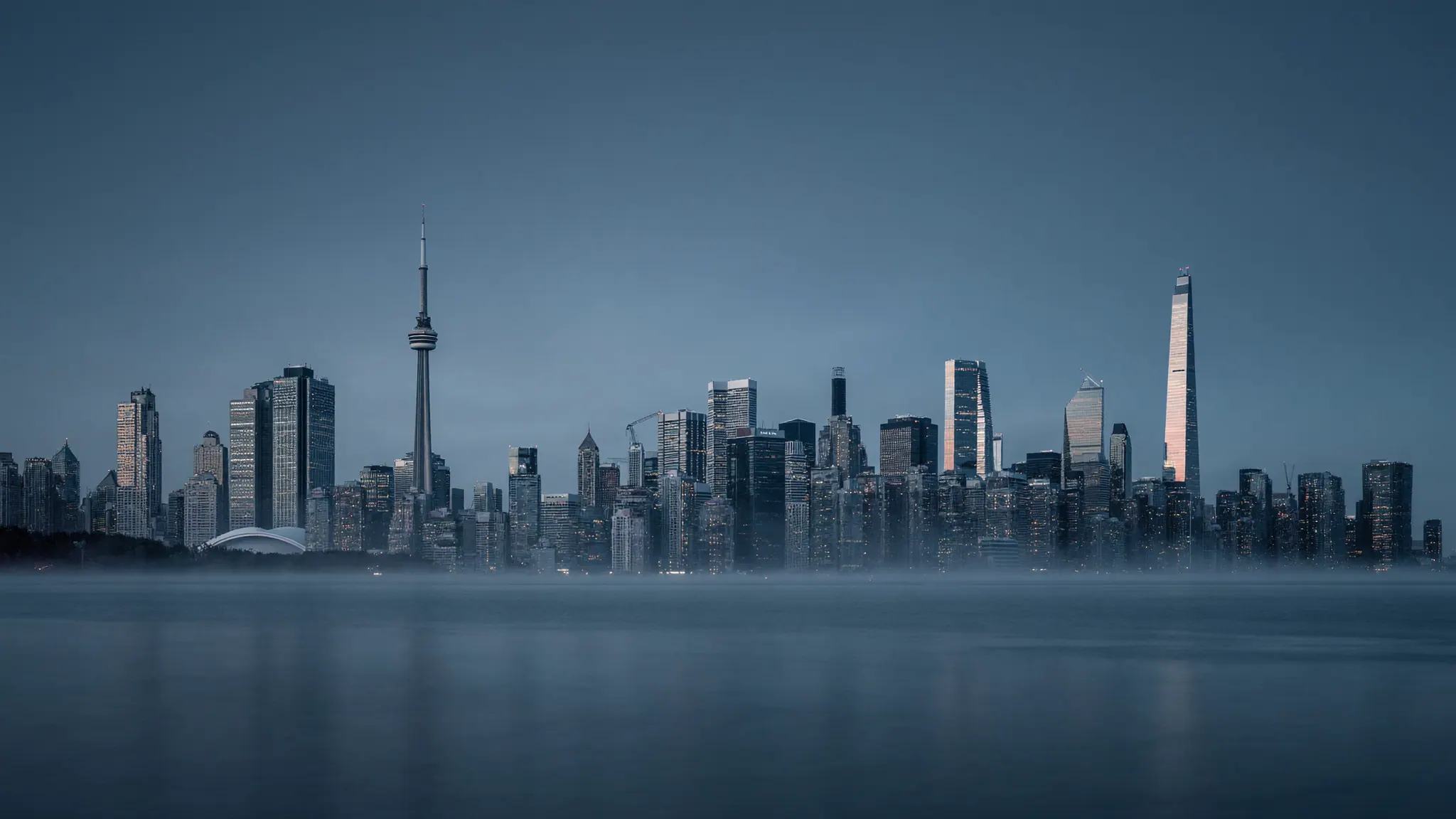 The Toronto skyline at dawn seen across Lake Ontario, with thin mist on the water