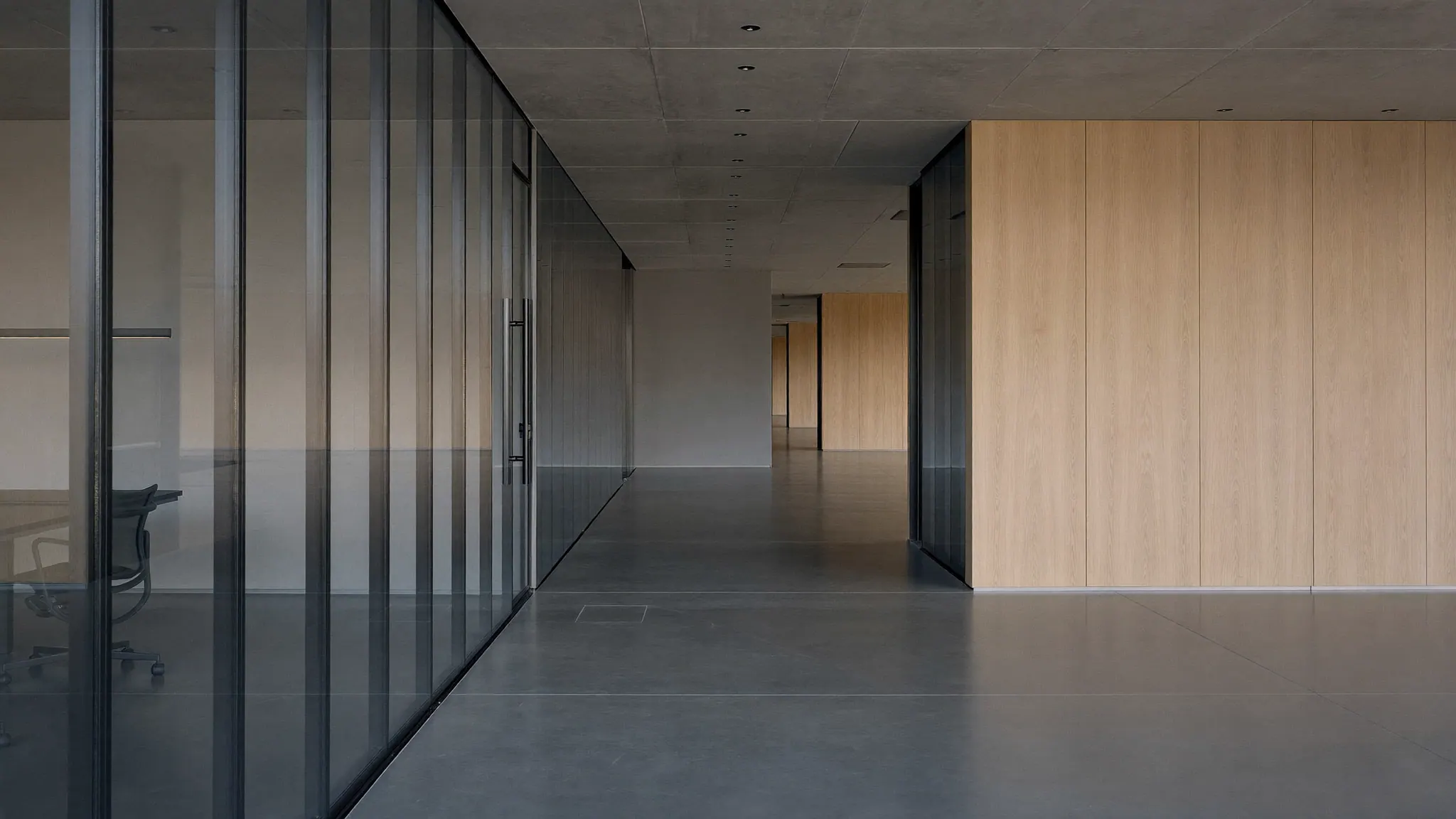 An empty modern office corridor with glass partitions on one side and pale oak panelling on the other