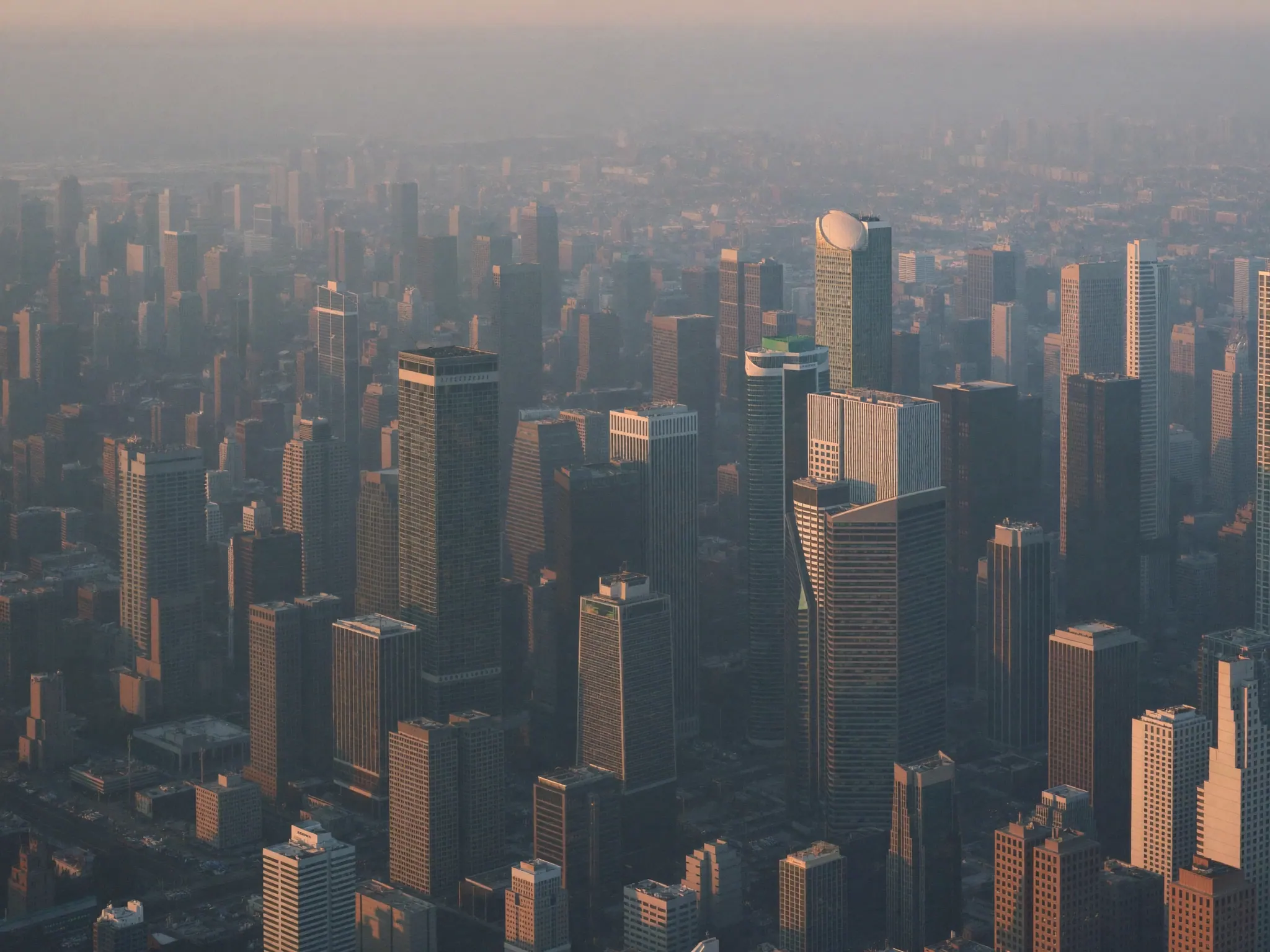 Toronto's financial district office towers in soft early morning haze, seen from above